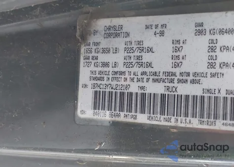 1998 Dodge Ram 1500 St from USA, damaged, VIN 1B7HC13Y7WJ212107